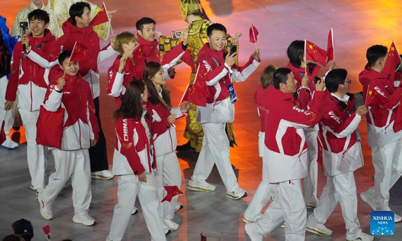 Members of the delegation of China parade during the closing ceremony of the Milan-Cortina 2026 Olympic Winter Games at Verona Olympic Arena in Verona, Italy, Feb. 22, 2026. (Xinhua/Sun Fei)