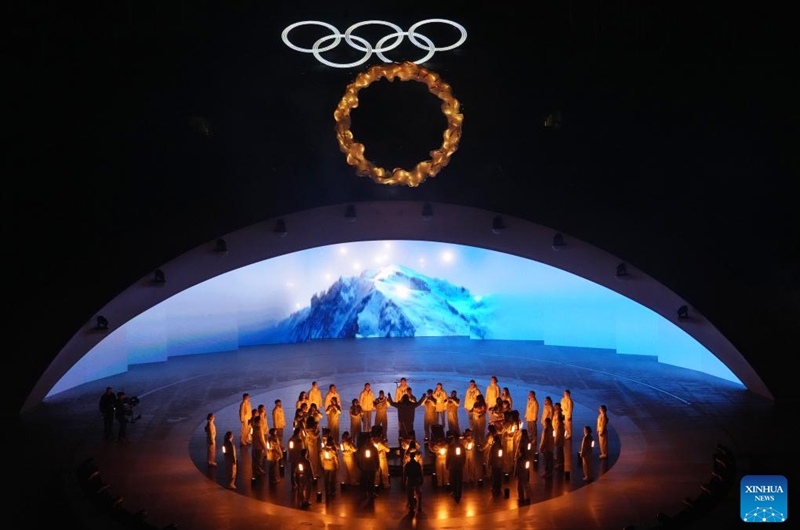 Actors perform during the closing ceremony of the Milan-Cortina 2026 Olympic Winter Games at Verona Olympic Arena in Verona, Italy, Feb. 22, 2026. (Xinhua/Xue Yuge)