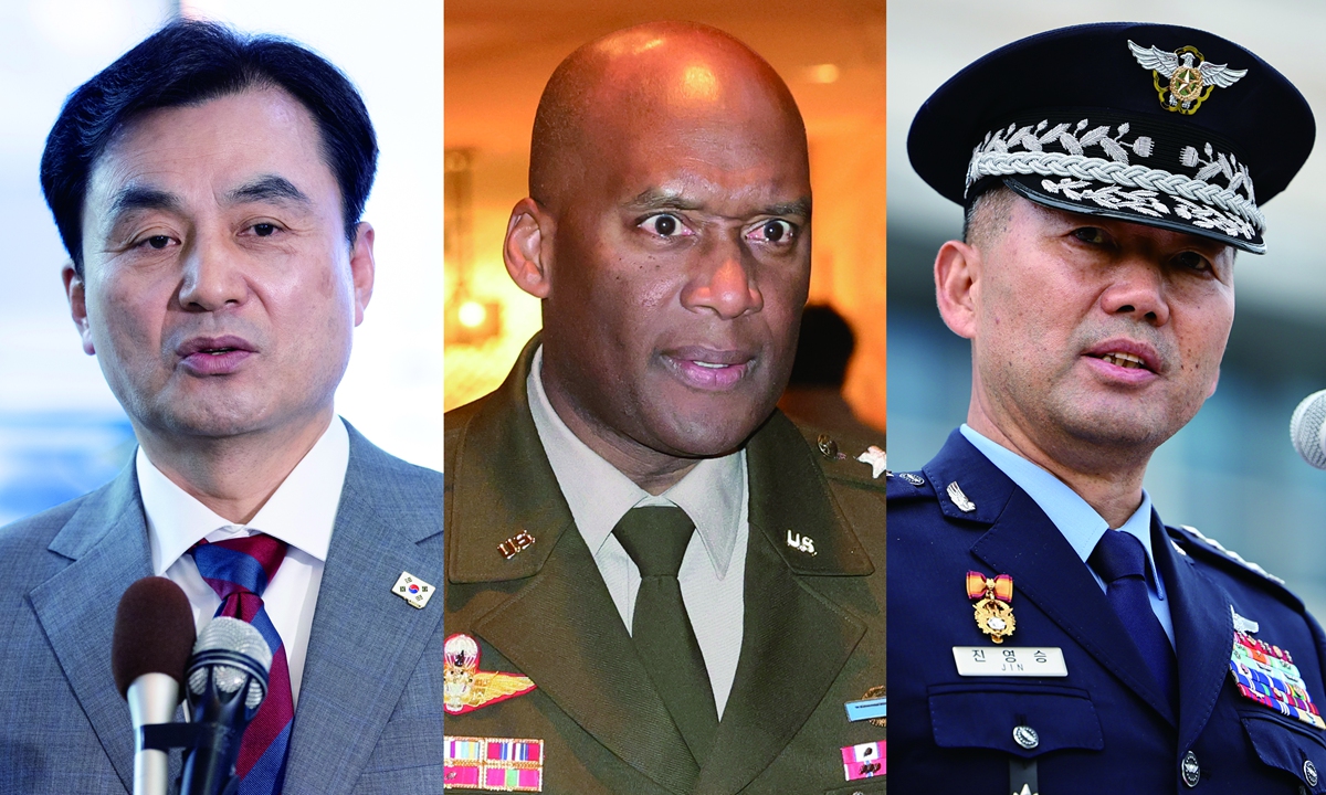 (From left) File photos of South Korean Defense Minister Ahn Gyu-baek, Commander of US Forces Korea, Xavier T. Brunson, and South Korean Joint Chiefs of Staff Chairman Jin Young-seung. Photos: VCG

