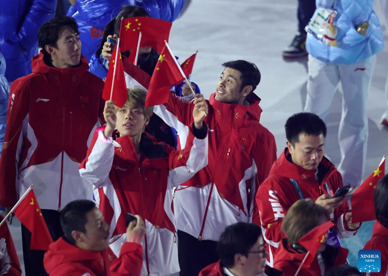 Members of the delegation of China parade during the closing ceremony of the Milan-Cortina 2026 Olympic Winter Games at Verona Olympic Arena in Verona, Italy, Feb. 22, 2026. (Xinhua/Li Jing)