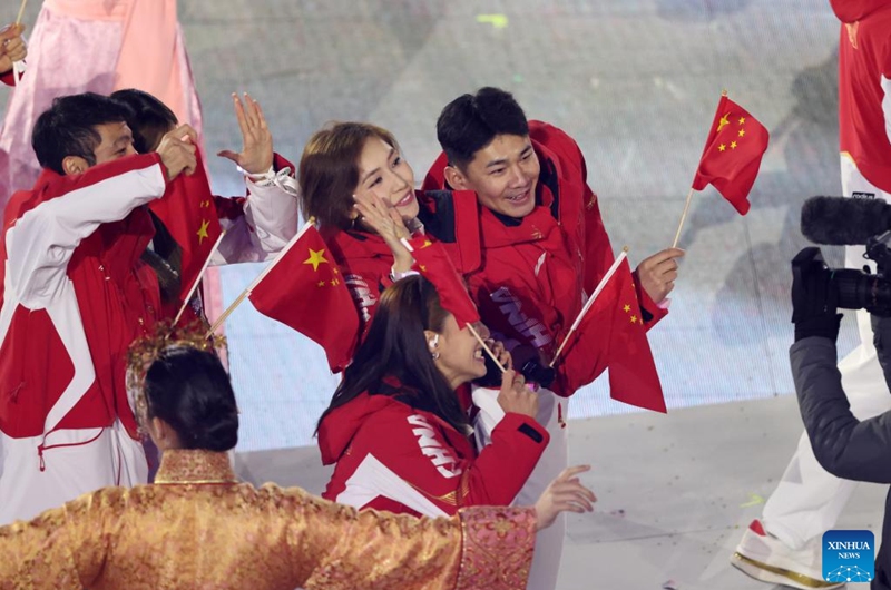 Members of the delegation of China parade during the closing ceremony of the Milan-Cortina 2026 Olympic Winter Games at Verona Olympic Arena in Verona, Italy, Feb. 22, 2026. (Xinhua/Li Jing)