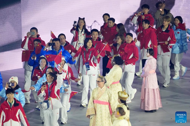 Members of the delegation of China parade during the closing ceremony of the Milan-Cortina 2026 Olympic Winter Games at Verona Olympic Arena in Verona, Italy, Feb. 22, 2026. (Xinhua/Sun Fei)