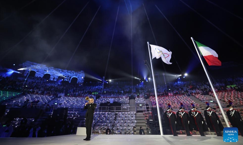This photo taken on Feb. 22, 2026 shows the closing ceremony of the Milan-Cortina 2026 Olympic Winter Games at Verona Olympic Arena in Verona, Italy. (Xinhua/Li Ming)