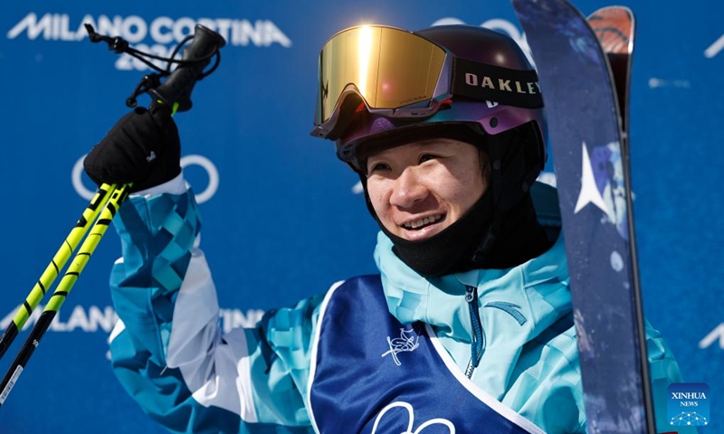 Li Fanghui of China reacts during run 2 of the freestyle skiing women's freeski halfpipe final at the Milan-Cortina 2026 Olympic Winter Games in Livigno, Italy, Feb. 22, 2026. (Xinhua/Wang Peng)