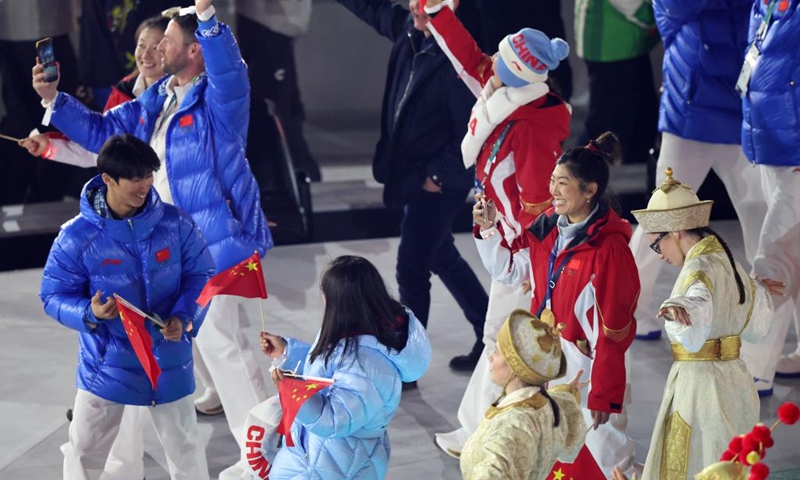 Members of the delegation of China parade during the closing ceremony of the Milan-Cortina 2026 Olympic Winter Games at Verona Olympic Arena in Verona, Italy, Feb. 22, 2026. (Xinhua/Li Jing)