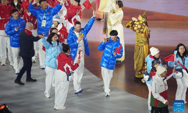Members of the delegation of China parade during the closing ceremony of the Milan-Cortina 2026 Olympic Winter Games at Verona Olympic Arena in Verona, Italy, Feb. 22, 2026. (Xinhua/Xue Yuge)