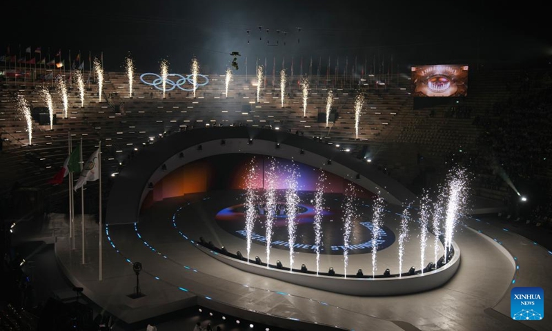 This photo taken on Feb. 22, 2026 shows the closing ceremony of the Milan-Cortina 2026 Olympic Winter Games at Verona Olympic Arena in Verona, Italy. (Xinhua/Sun Fei)