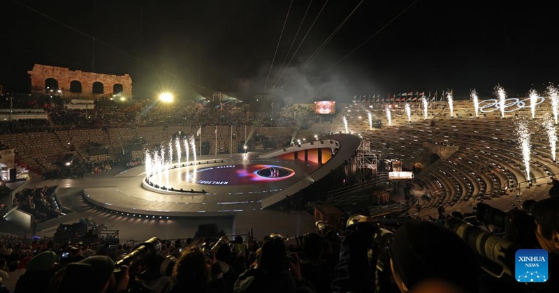 This photo taken on Feb. 22, 2026 shows the closing ceremony of the Milan-Cortina 2026 Olympic Winter Games at Verona Olympic Arena in Verona, Italy. (Xinhua/Li Jing)