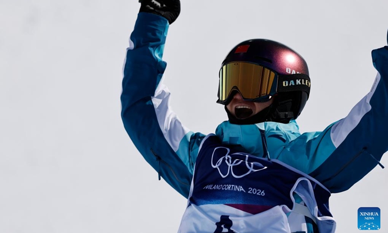 Li Fanghui of China competes during run 1 of the freestyle skiing women's freeski halfpipe final at the Milan-Cortina 2026 Olympic Winter Games in Livigno, Italy, Feb. 22, 2026. (Xinhua/Wang Peng)