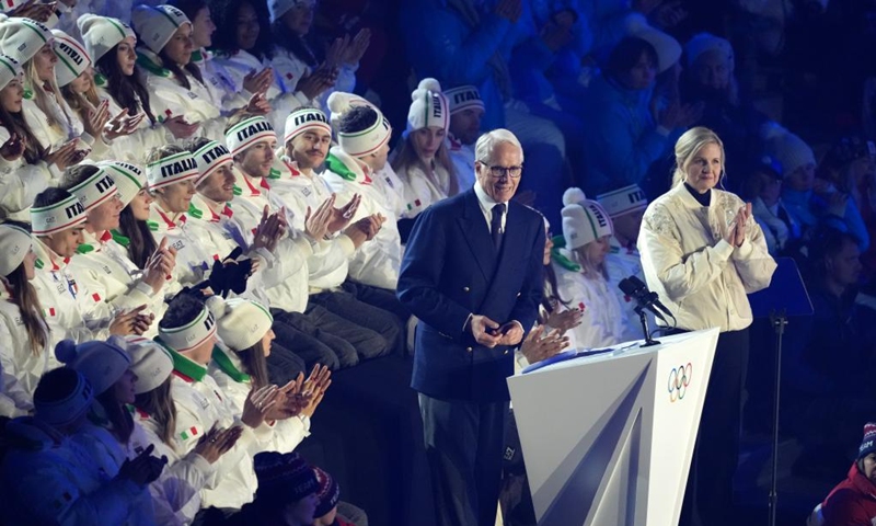 Giovanni Malago, president of the Milan-Cortina 2026 organizing committee, addresses the closing ceremony of the Milan-Cortina 2026 Olympic Winter Games at Verona Olympic Arena in Verona, Italy, Feb. 22, 2026. (Xinhua/Xue Yuge)