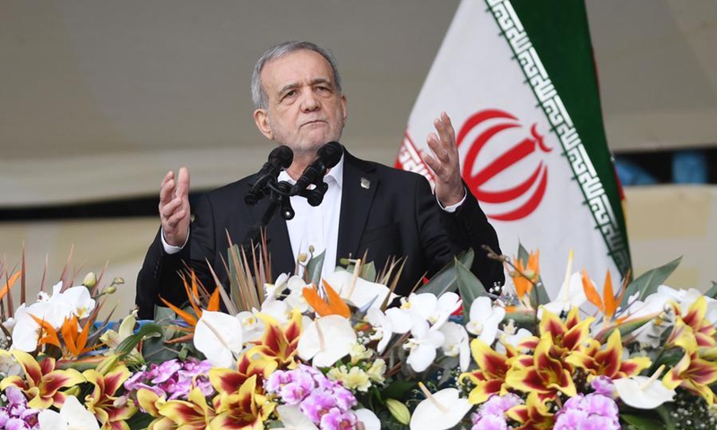 Iranian President Masoud Pezeshkian speaks at the celebrations for the 47th anniversary of the 1979 Islamic Revolution in Tehran, Iran, Feb. 11, 2026. (Xinhua/Shadati)