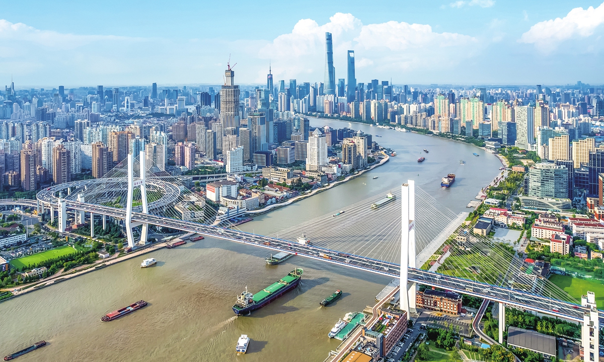 Aerial view of Nanpu Bridge and Huangpu River in Shanghai, China Photo: VCG