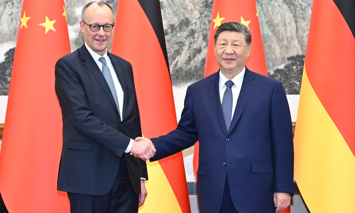 Chinese President Xi Jinping meets with German Chancellor Friedrich Merz, who is on an official visit to China, at the Diaoyutai State Guesthouse in Beijing on February 25, 2026. Photo: Xinhua