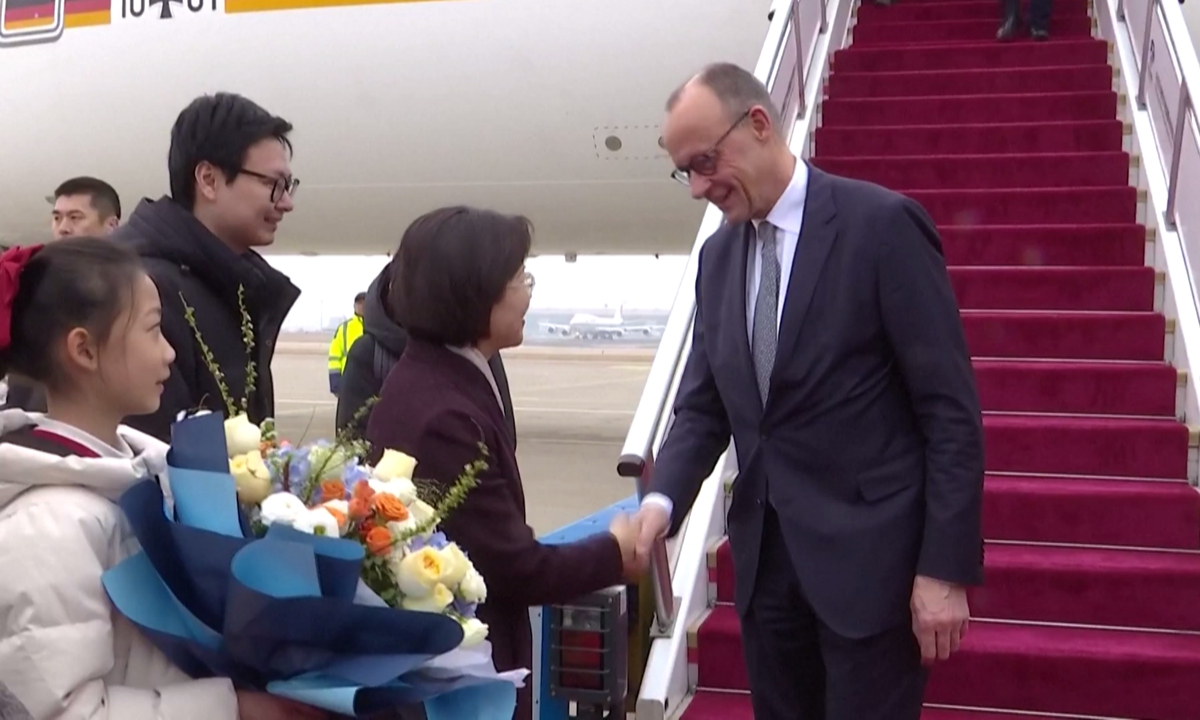 German Chancellor Friedrich Merz arrives in Beijing on Wednesday to start his two-day official visit in China. Photo: VCG