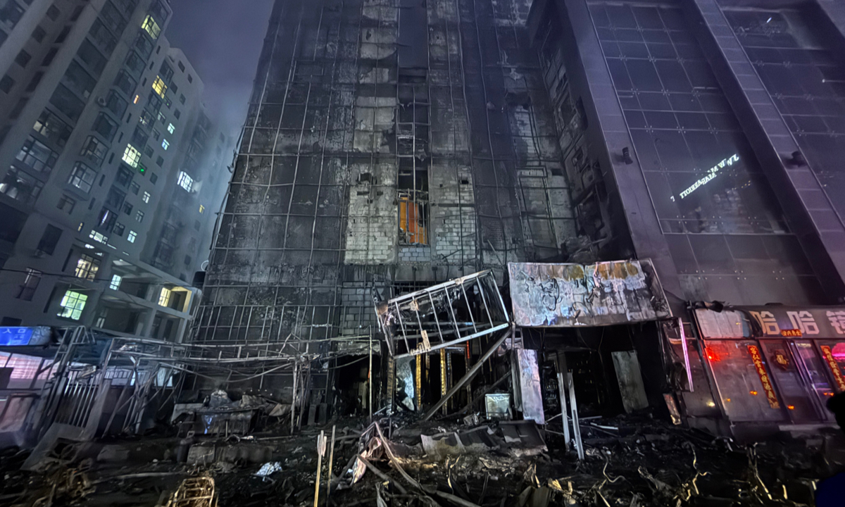 The building is seen after the flames were extinguished. The fatal fire that broke out at a building near Qinxian North Street in Taiyuan, North China's Shanxi Province on March 28, 2026, killed three and injured 23 others. Photo: CCTV News