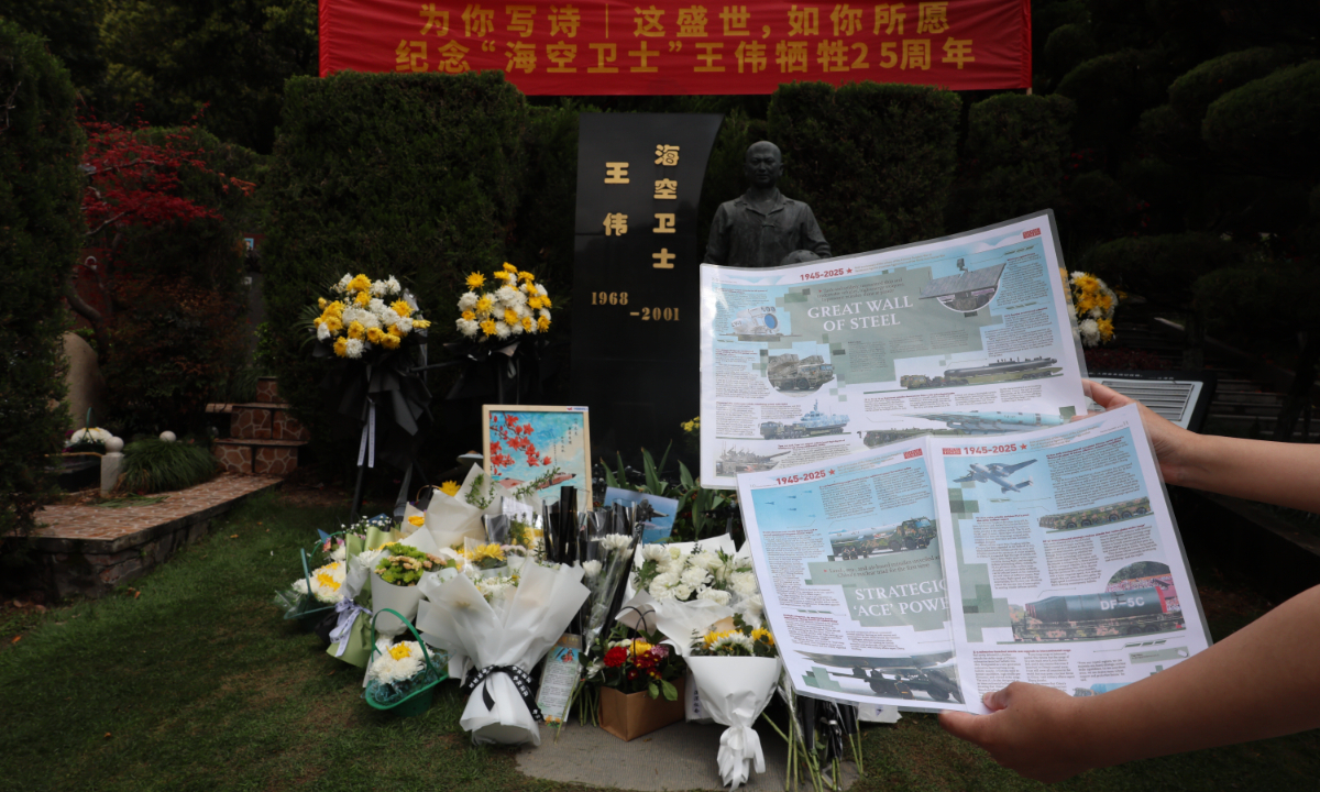 Copies of the Global Times’ special pages containing images and analysis of a slew of advanced weapons and military equipment that were showcased during the Victory Day military parade on September 3, 2025, and highlighted the rapid rise of China’s military strength are on display in front of heroic Chinese pilot Wang Wei’s cenotaph in Hangzhou, East China’s Zhejiang Province, on April 1, 2026. Photo: Chen Xia/GT