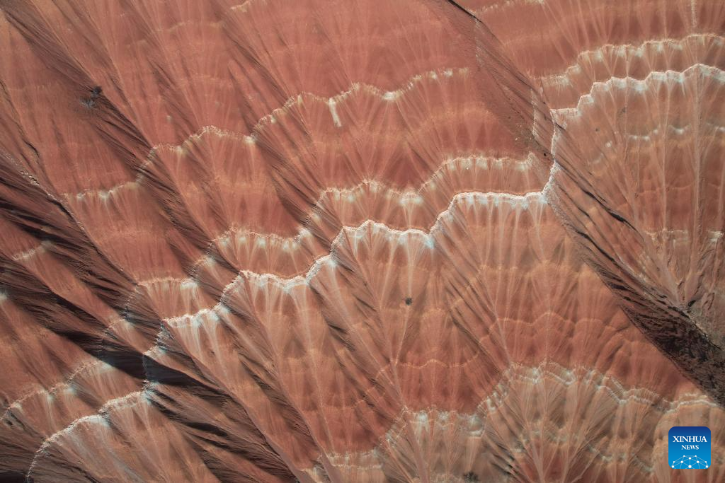 An aerial drone photo taken on April 3, 2026 shows a view of the Danxia Landform in Dongyuan Town of Dongxiang Autonomous County, Linxia Hui Autonomous Prefecture, northwest China's Gansu Province. (Xinhua/Zhang Zhimin)