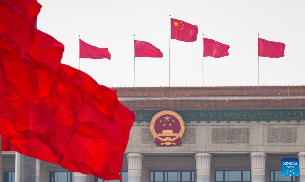 This photo taken on March 12, 2026 shows the Great Hall of the People, the venue for the closing meeting of the fourth session of the 14th National People's Congress (NPC), in Beijing, capital of China. (Xinhua/Li Yan)