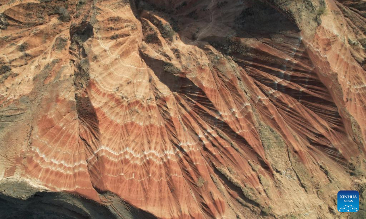 An aerial drone photo taken on April 3, 2026 shows a view of the Danxia Landform in Dongyuan Town of Dongxiang Autonomous County, Linxia Hui Autonomous Prefecture, northwest China's Gansu Province. (Xinhua/Zhang Zhimin)