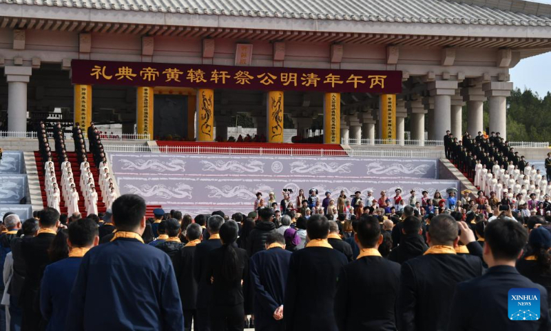 A ceremony paying homage to Huangdi, or the Yellow Emperor, is held in Huangling County, northwest China's Shaanxi Province, April 5, 2026. A ceremony was held here on Sunday to pay homage to Huangdi, who is considered to have been the founder of the Chinese civilization and the common ancestor of all Chinese people. The ceremony is traditionally held on Qingming, or Tomb-Sweeping Day, which falls on Sunday this year. Chinese people mourn their deceased family members and worship their ancestors during the Qingming holiday. (Xinhua/Yao Youming)