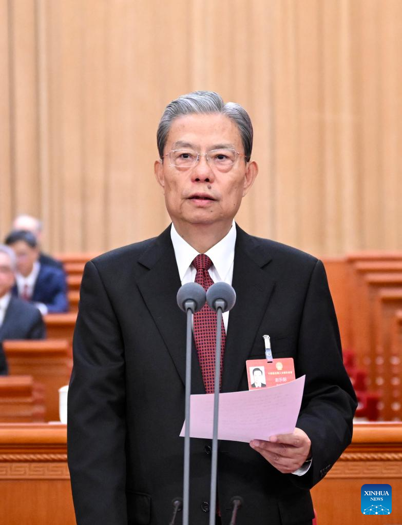 Zhao Leji presides over the closing meeting of the fourth session of the 14th National People's Congress (NPC) at the Great Hall of the People in Beijing, capital of China, March 12, 2026. Zhao delivered a speech at the meeting on Thursday. (Xinhua/Shen Hong)