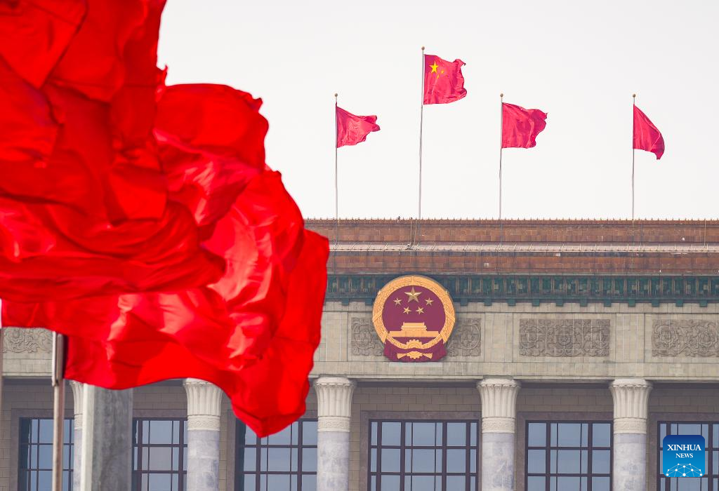 This photo taken on March 12, 2026 shows the Great Hall of the People ahead of the closing meeting of the fourth session of the 14th National People's Congress (NPC) in Beijing, capital of China. (Xinhua/Li Yan)
