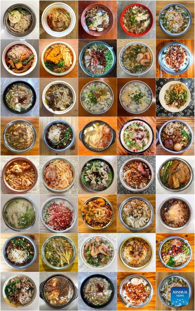 This combo photo taken from March 1, 2026 to March 28, 2026 shows rice noodles from different areas of south China's Guangxi Zhuang Autonomous Region. In Guangxi, rice noodles are served in many different ways, such as Luosifen, Guilin rice noodles, seafood rice noodles, Nanning Laoyou rice noodles and Shengzha rice noodles, with noodle shops found everywhere from busy streets to small lanes. (Xinhua)