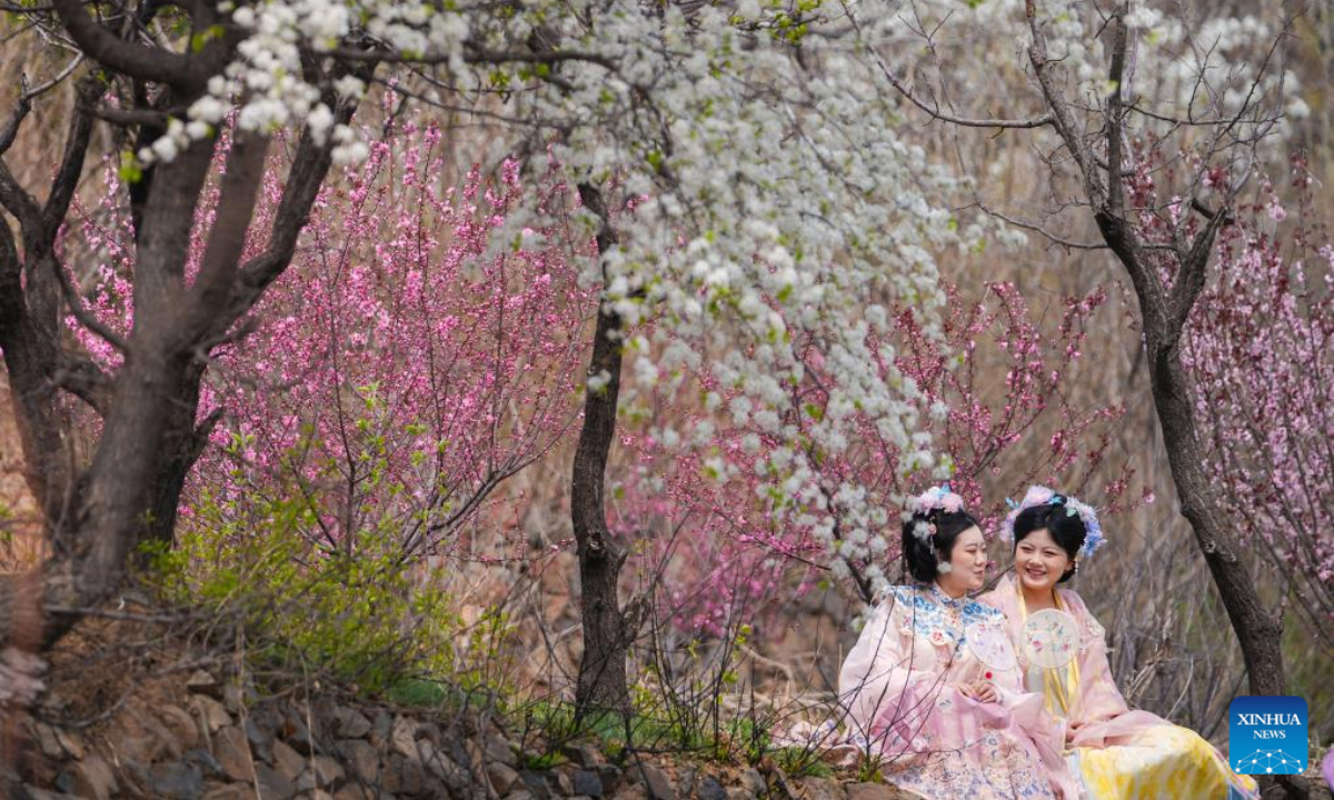 Tourists in traditional Chinese attire enjoy leisure time in Zouping, east China's Shandong Province, March 31, 2026. Qingming Festival, or Tomb-Sweeping Day, falls on April 5 this year. It is a traditional Chinese festival for people to pay tribute to the dead and worship their ancestors. The holiday also provides a short break for Chinese citizens as they engage in outdoor activities and sightseeing. (Photo by Dong Naide/Xinhua)