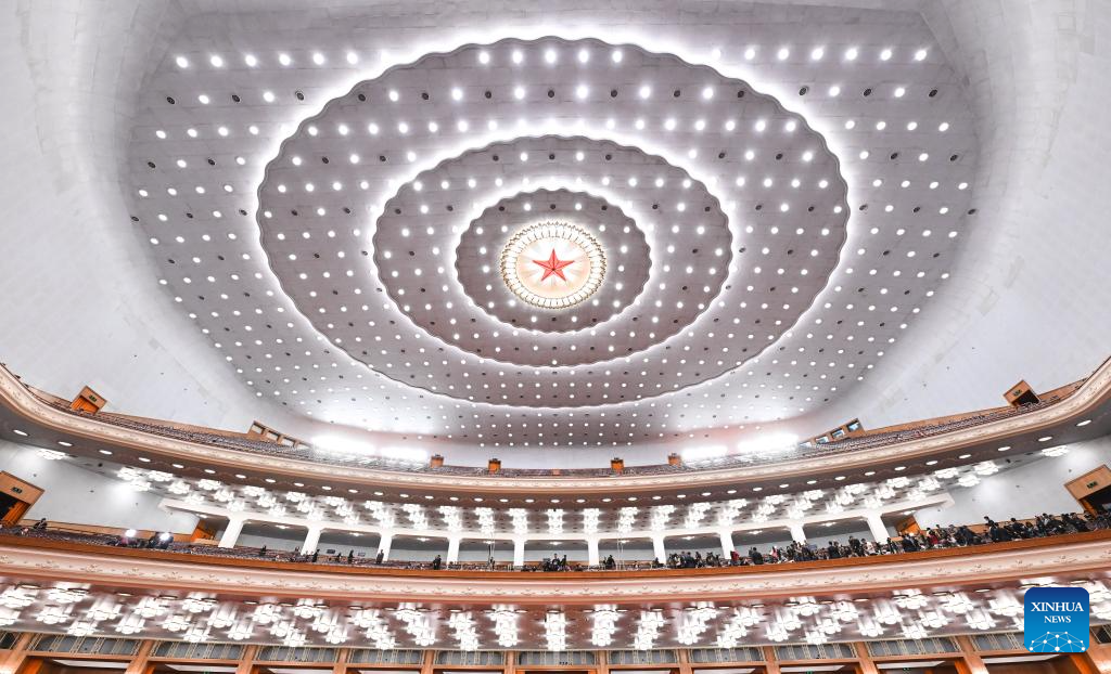 This photo taken on March 12, 2026 shows an interior view of the Great Hall of the People, the venue for the closing meeting of the fourth session of the 14th National People's Congress (NPC), in Beijing, capital of China. (Xinhua/Li Xin)