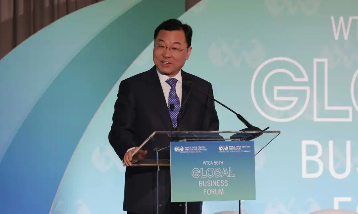 Chinese Ambassador to the US Xie Feng delivers a keynote speech at the opening ceremony of the 56th Annual WTCA Global Business Forum on April 20, 2026. Photo: WeChat account of the Chinese Embassy in the US