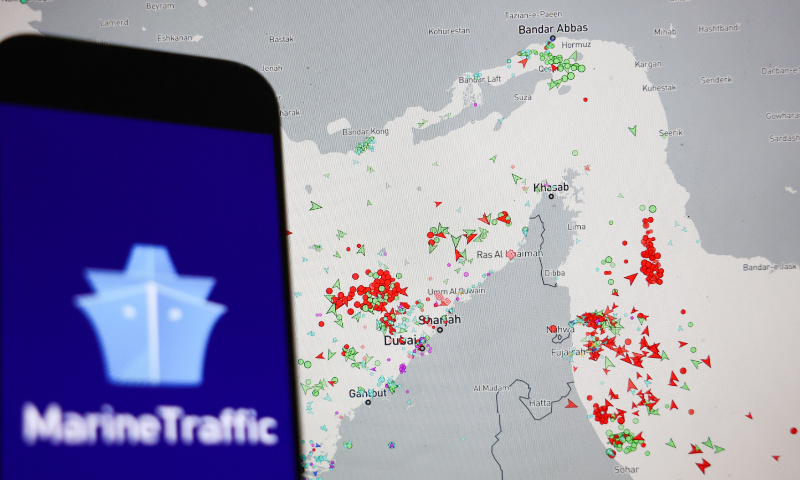 A map shows current ship traffic in the Strait of Hormuz provided by MarineTraffic on March 5, 2026, with different icons showcasing the type of cargo that ships are carrying. Photo: VCG