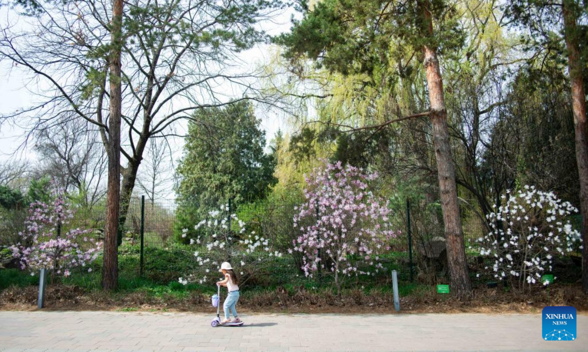 A kid plays at a botanical garden in Almaty, Kazakhstan, April 4, 2026. (Xinhua/Li Renzi)
