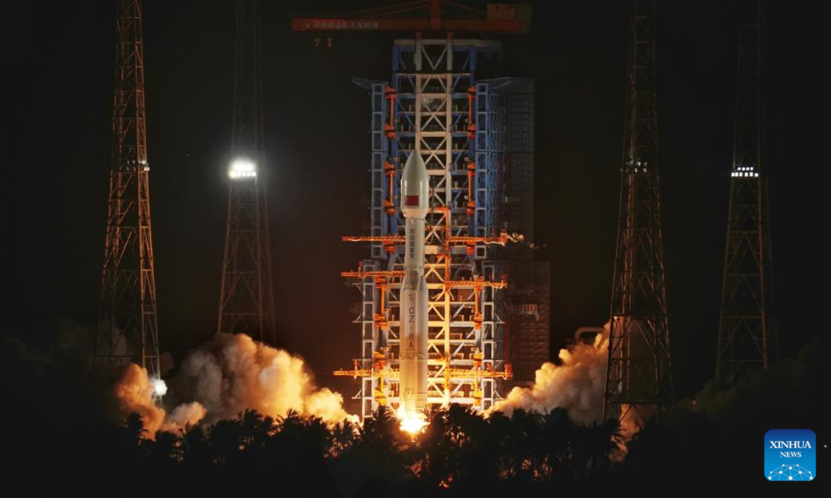 A Long March-8A carrier rocket carrying the 20th group of low-orbit internet satellites blasts off from the Hainan commercial spacecraft launch site in south China's Hainan Province, March 13, 2026. China launched a Long March-8A carrier rocket on Friday in the southern island province of Hainan, sending a new group of internet satellites into space. The rocket lifted off at 3:48 a.m. (Beijing Time) from the Hainan commercial spacecraft launch site. It successfully placed the payloads, the 20th group of low-orbit internet satellites, into preset orbit. (Photo by Liu Jianqiu/Xinhua)