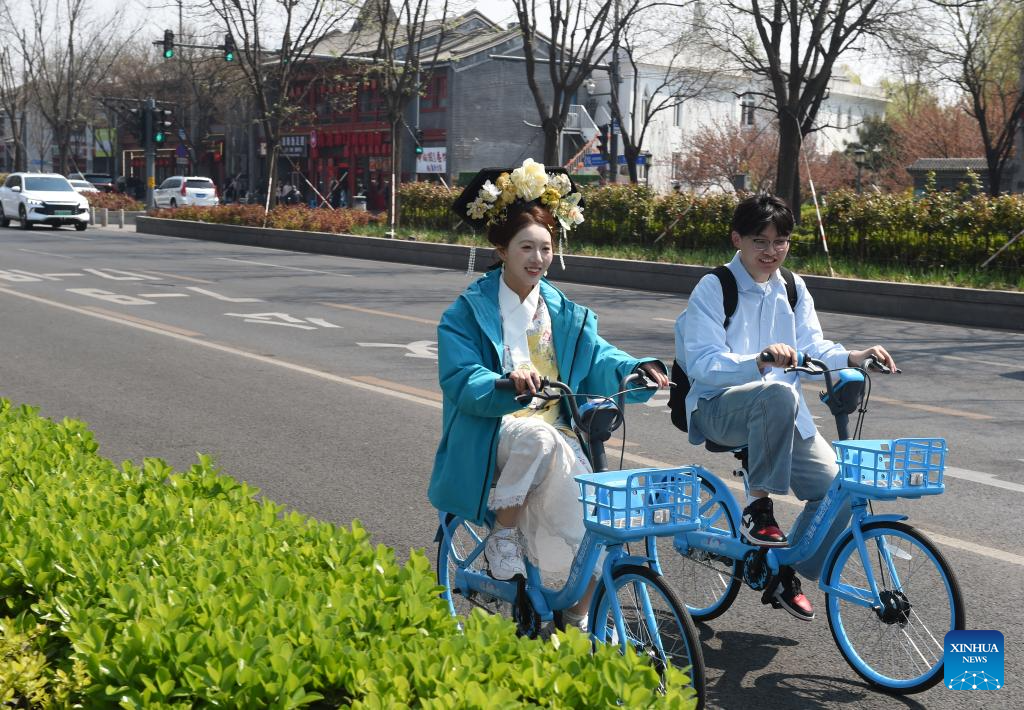 People ride bikes on a street during the Qingming Festival holiday in Beijing, capital of China, April 4, 2026. (Xinhua/Luo Xiaoguang)