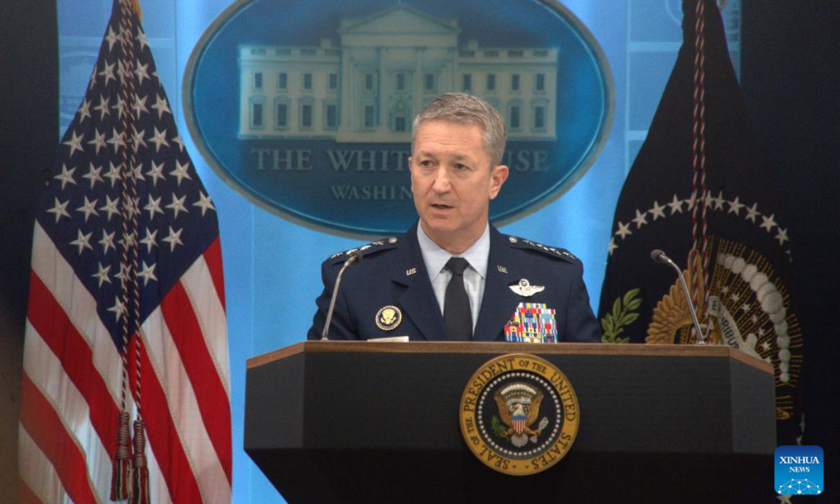 U.S. Chairman of the Joint Chiefs of Staff Dan Caine speaks during a press conference at the White House in Washington, D.C., the United States, April 6, 2026. Caine told reporters that the U.S. A-10 Warthog downed on Friday was conducting a 
