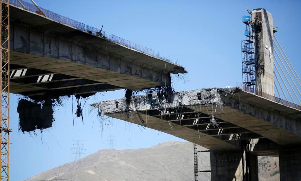 This photo taken on April 3, 2026 shows the damaged B1 bridge after U.S.-Israeli attacks in Karaj, Iran. The B1 bridge, located in the provincial capital Karaj, is one of the highest bridges in the Middle East and among the most complicated projects in Iran. (Xinhua)