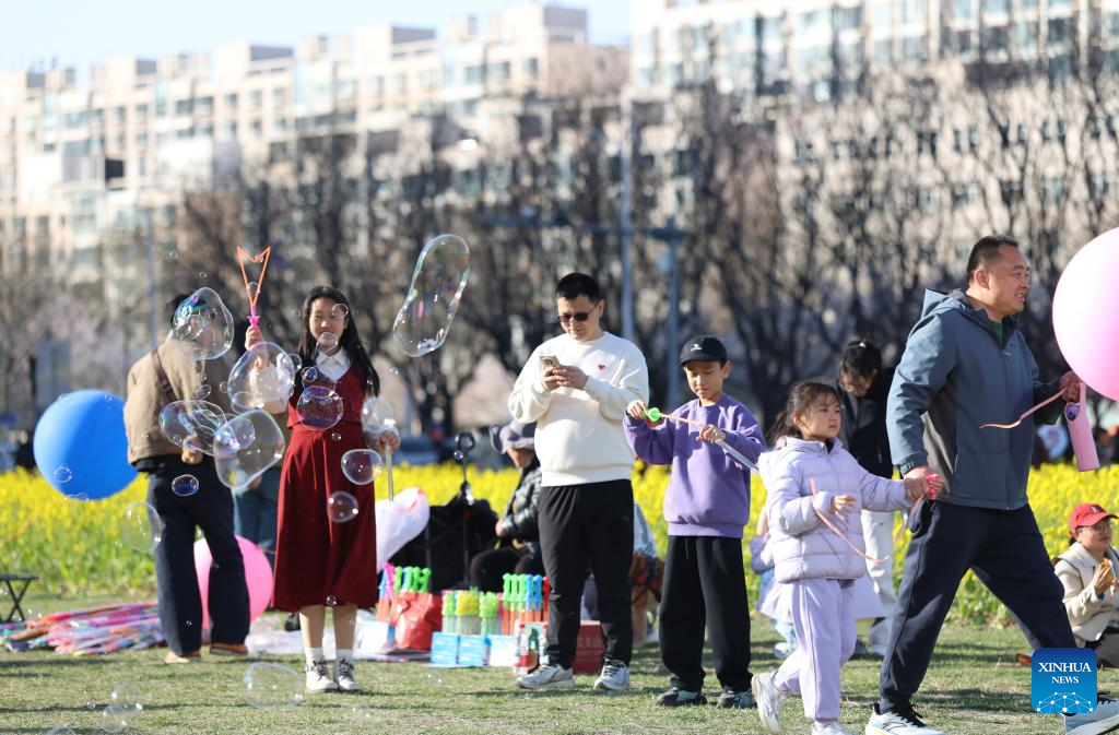 People enjoy leisure time during the Qingming Festival holiday in Binhai New Area of north China's Tianjin, April 5, 2026. (Xinhua/Sun Fanyue)