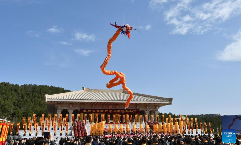A ceremony paying homage to Huangdi, or the Yellow Emperor, is held in Huangling County, northwest China's Shaanxi Province, April 5, 2026. A ceremony was held here on Sunday to pay homage to Huangdi, who is considered to have been the founder of the Chinese civilization and the common ancestor of all Chinese people. The ceremony is traditionally held on Qingming, or Tomb-Sweeping Day, which falls on Sunday this year. Chinese people mourn their deceased family members and worship their ancestors during the Qingming holiday. (Xinhua/Yao Youming)