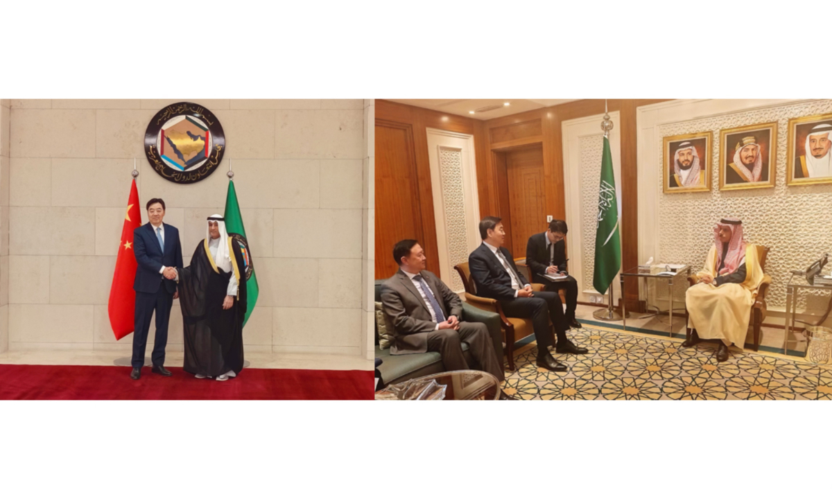 Chinese special envoy on Middle East issue Zhai Jun meets with Secretary-General of the Cooperation Council for the Arab States of the Gulf Jassim Mohammed Al-Budaiwi and Saudi Foreign Minister Faisal bin Farhan Al Saud, respectively, in Saudi Arabia on March 8, 2026. Photo: Chinese Foreign Ministry 