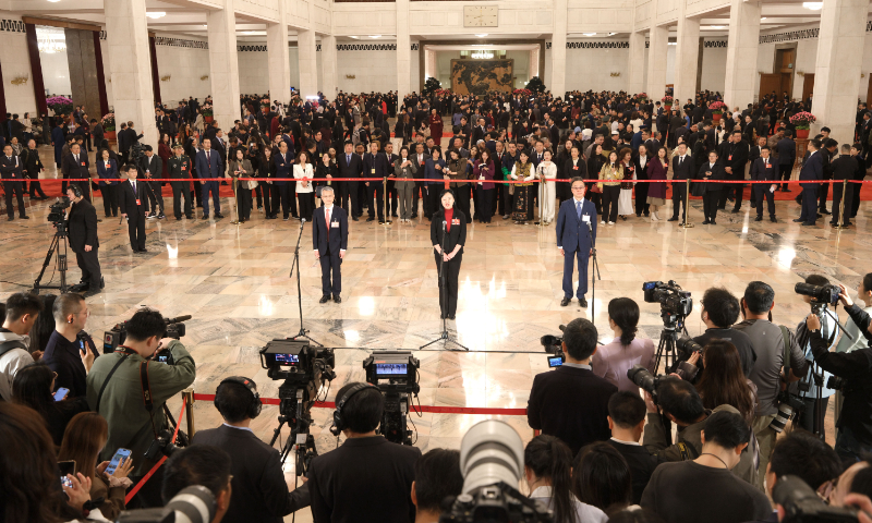 Members of the 14th National Committee of the Chinese People's Political Consultative Conference (CPPCC) attend a group interview at the Great Hall of the People in Beijing, on March 11, 2026. The interview was held ahead of the closing meeting of the fourth session of the 14th CPPCC National Committee. Photo: VCG
