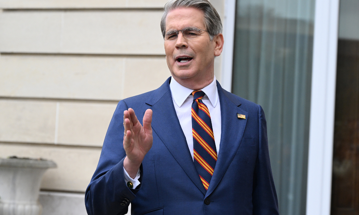 US Treasury Secretary Scott Bessent addresses journalists during a news conference at the OECD Headquarters, Monday, March 16, 2026, in Paris, France. Photo:VCG