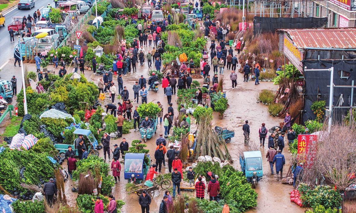 People trade saplings at a flower and tree market in Jinhua, East China's Zhejiang Province, on February 27, 2026. In recent years, local farmers have actively engaged in afforestation and the cultivation of fruit trees, injecting momentum into agricultural production, income growth and ecological improvement.
Photo: VCG
