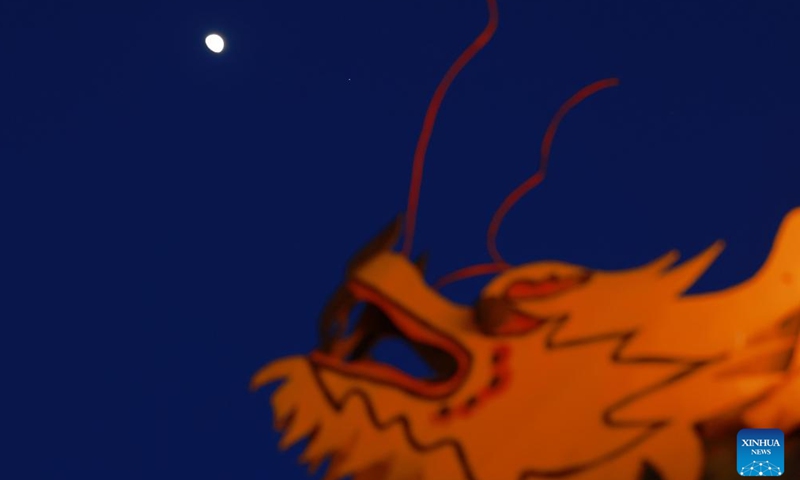 This photo taken on Feb. 27, 2026 shows the planet of Jupiter next to the moon in the sky over Jagdaqi, northeast China's Heilongjiang Province. (Photo by Zhuang Yu/Xinhua)

