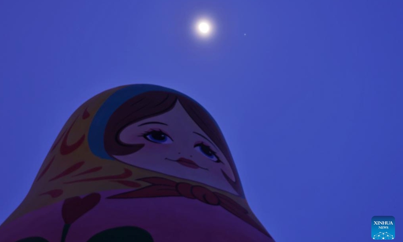 This photo taken on Feb. 27, 2026 shows the planet of Jupiter next to the moon in the sky over Tongjiang City, northeast China's Heilongjiang Province. (Photo by Liu Wanping/Xinhua)

