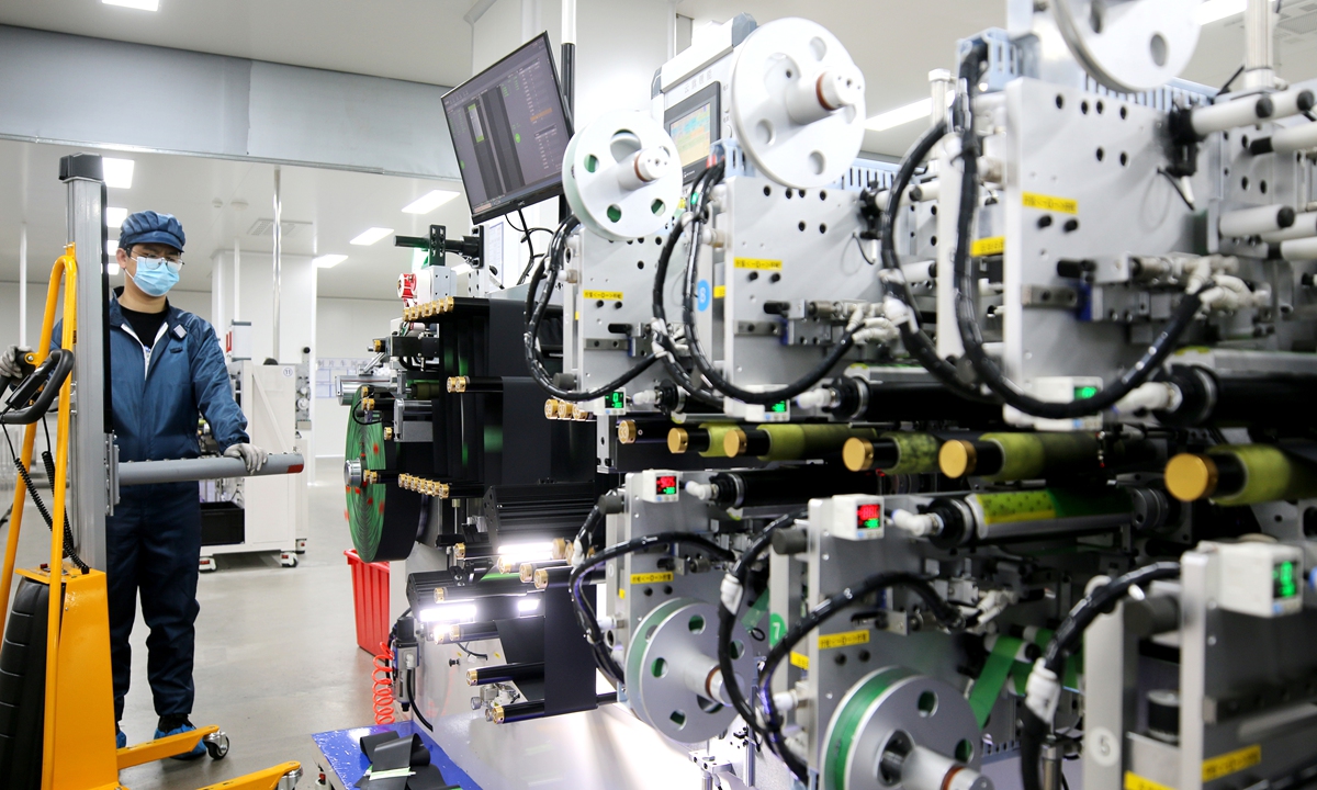 A worker conducts production and testing of lithium battery products at a lithium company in Ji'an, East China's Jiangxi Province, on March 1, 2026. The production lines are operating at full capacity to ensure supply, exemplifying the bustling manufacturing activity across the region. Photo: VCG