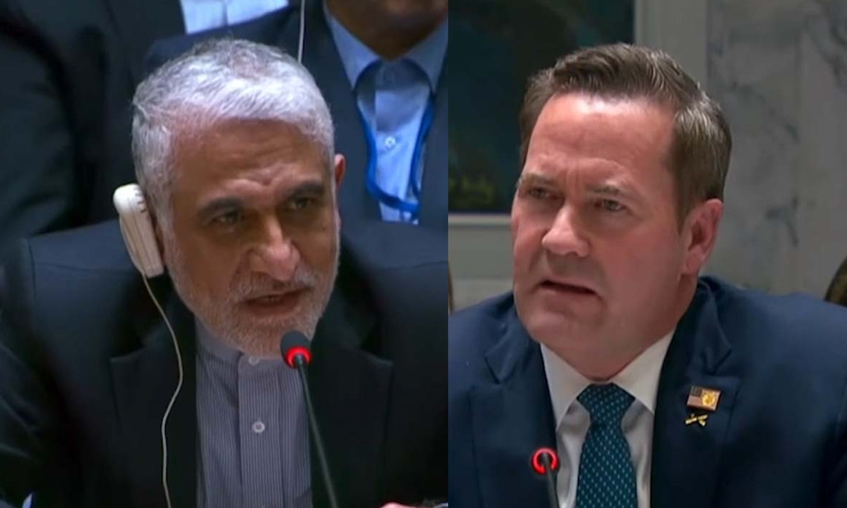 Amir Saeid Iravani (left), Iran's ambassador to the United Nations, and Mike Waltz, the US ambassador, engage in a tense back-and-forth at an emergency meeting of the UN Security Council on February 28 local time. Photo: Screenshot from the website.
