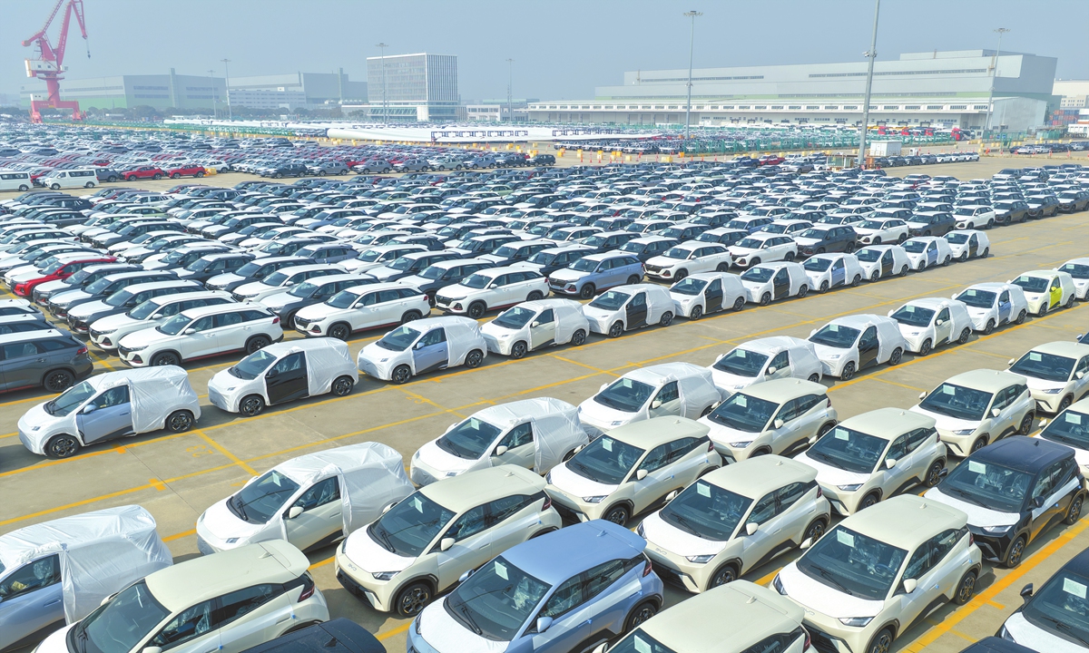 China-produced NEVs of various brands are parked at Shanghai Nangang Port awaiting export on February 12, 2026. Photo: VCG