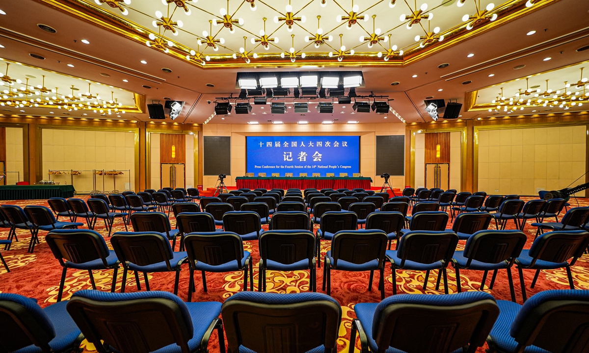 A press center for China's annual sessions of its top legislature and political advisory body, known as the two sessions, opens on February 27, 2026 at the Media Center Hotel in Beijing, capital of China.