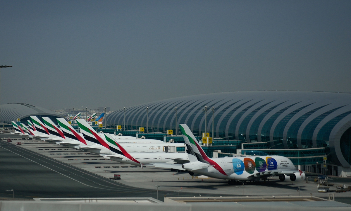 Emirates airplanes are parked at the Dubai International Airport after its closure in Dubai, United Arab Emirates, Sunday, March 1, 2026. Photo: VCG