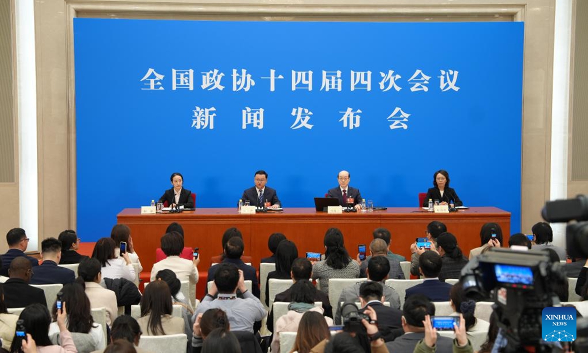 Liu Jieyi, spokesperson for the fourth session of the 14th Chinese People's Political Consultative Conference (CPPCC) National Committee, attends a press conference at the Great Hall of the People in Beijing, capital of China, March 3, 2026. The CPPCC National Committee, China's top political advisory body, held a press conference on Tuesday, one day before its annual session. (Xinhua)